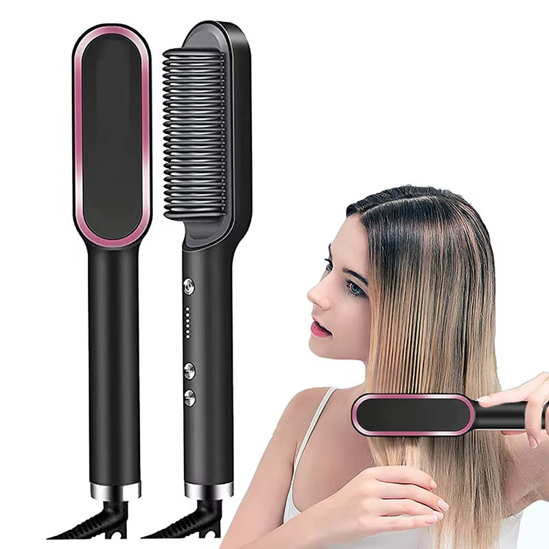 Hair Straightener Ceramic Hot Comb 2 in 1 Electric Straighten Hair Brush Negative Ion Fast Heating Styling Tool ﻿